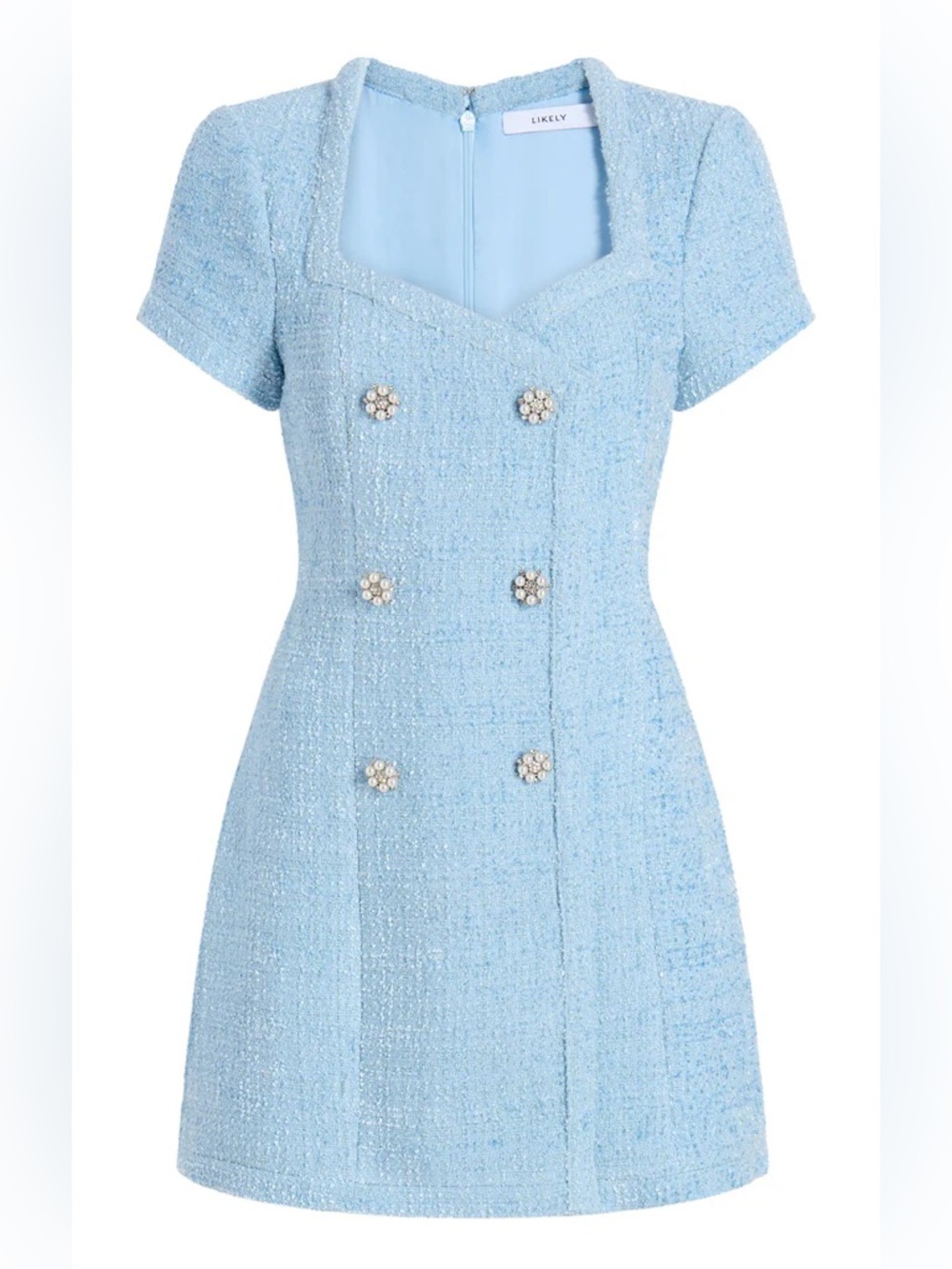 NWT Likely Blue Boucle Gia Style Rhinestone Button Mini Dress Size 4 Revolve